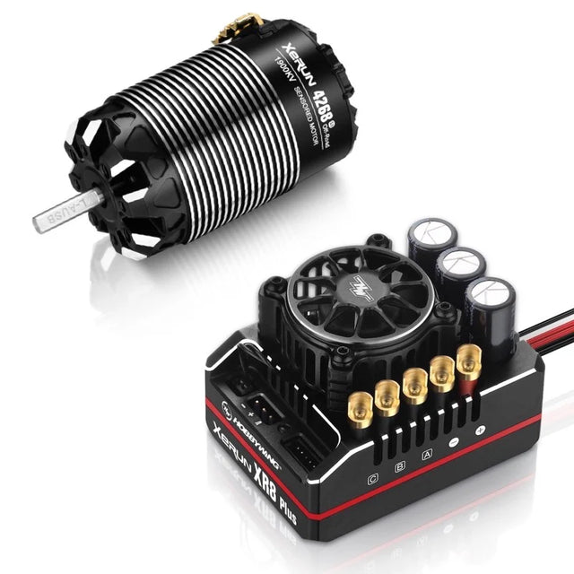 Hobbywing XR8 Plus G2S ESC and 4268 G3 RC car motor for off-road RC vehicles, shown in a high-resolution image.