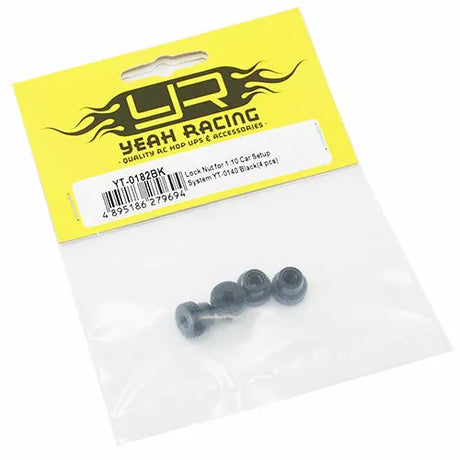 Yeah Racing car setup system lock nut in black, packaged for secure fastening in vehicle setup adjustments.