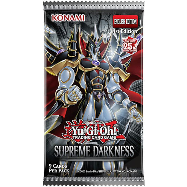 Yugioh Supreme Darkness booster pack of collectible trading cards by Konami, featuring dark fantasy-themed card artwork.
