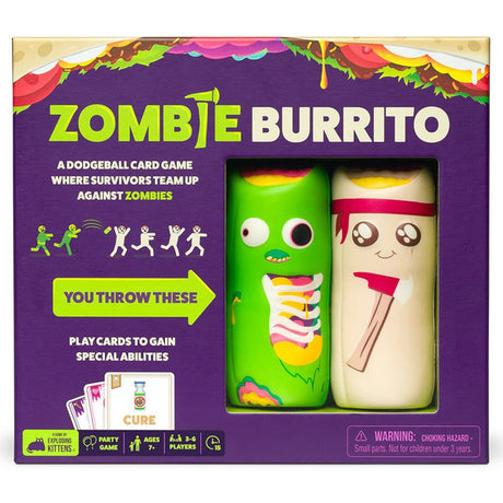 Zombie Burrito game by Exploding Kittens featuring a colorful zombie-themed burrito illustration on the box.