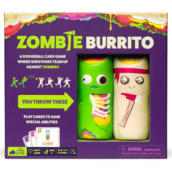 Zombie Burrito game by Exploding Kittens featuring a colorful zombie-themed burrito illustration on the box.