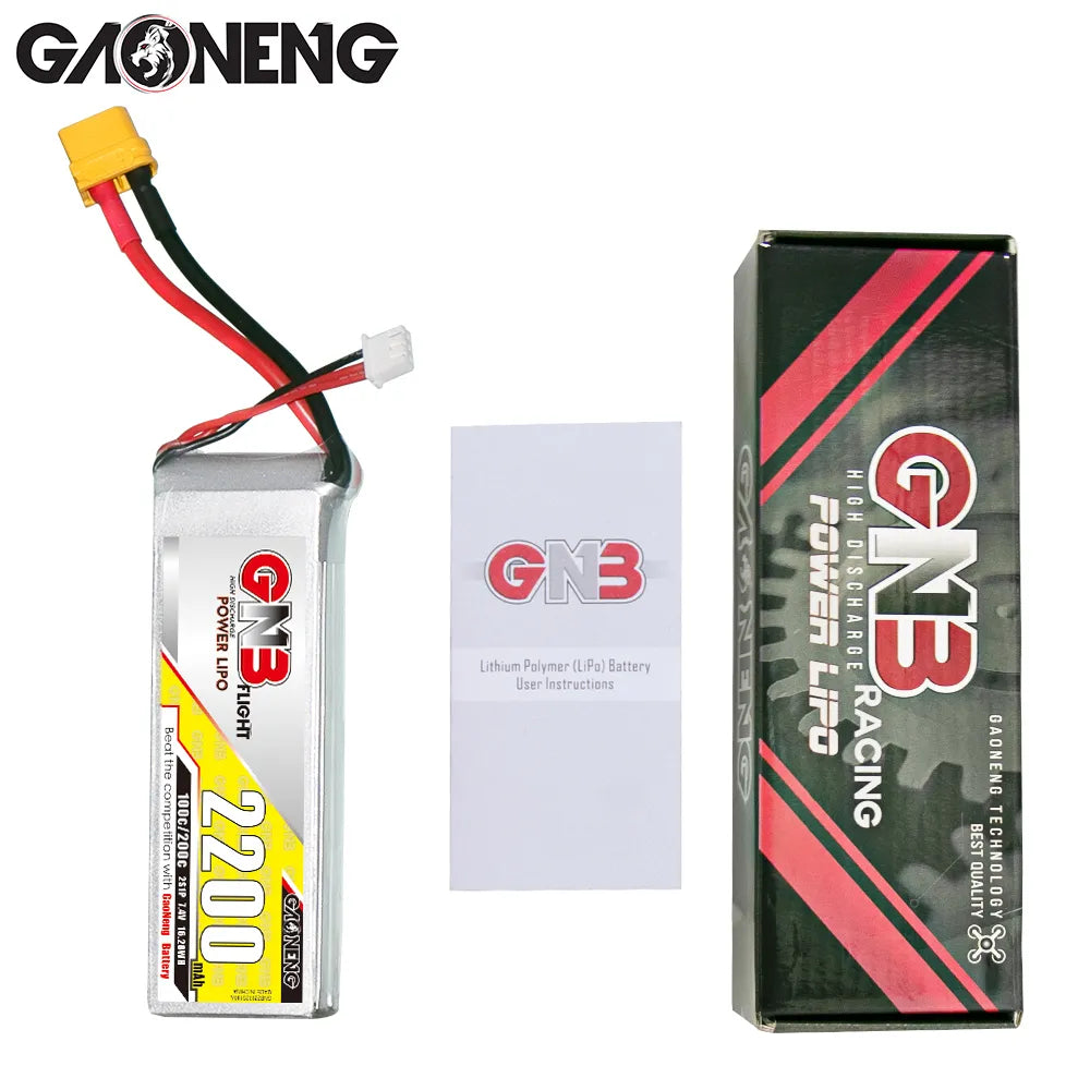 GNB 2200mAh 7.4V 2S 100C RC Car LiPo Battery with XT60 connector, compact and ready for high-performance RC vehicles.