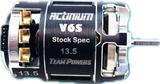 Team Powers Actinium V6S brushless motor for RC cars, shown in close-up with detailed components and cooling fins.
