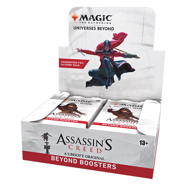 MTG Assassin's Creed Booster Box by Wizards of the Coast, featuring colorful artwork and booster packs for collectible card game.