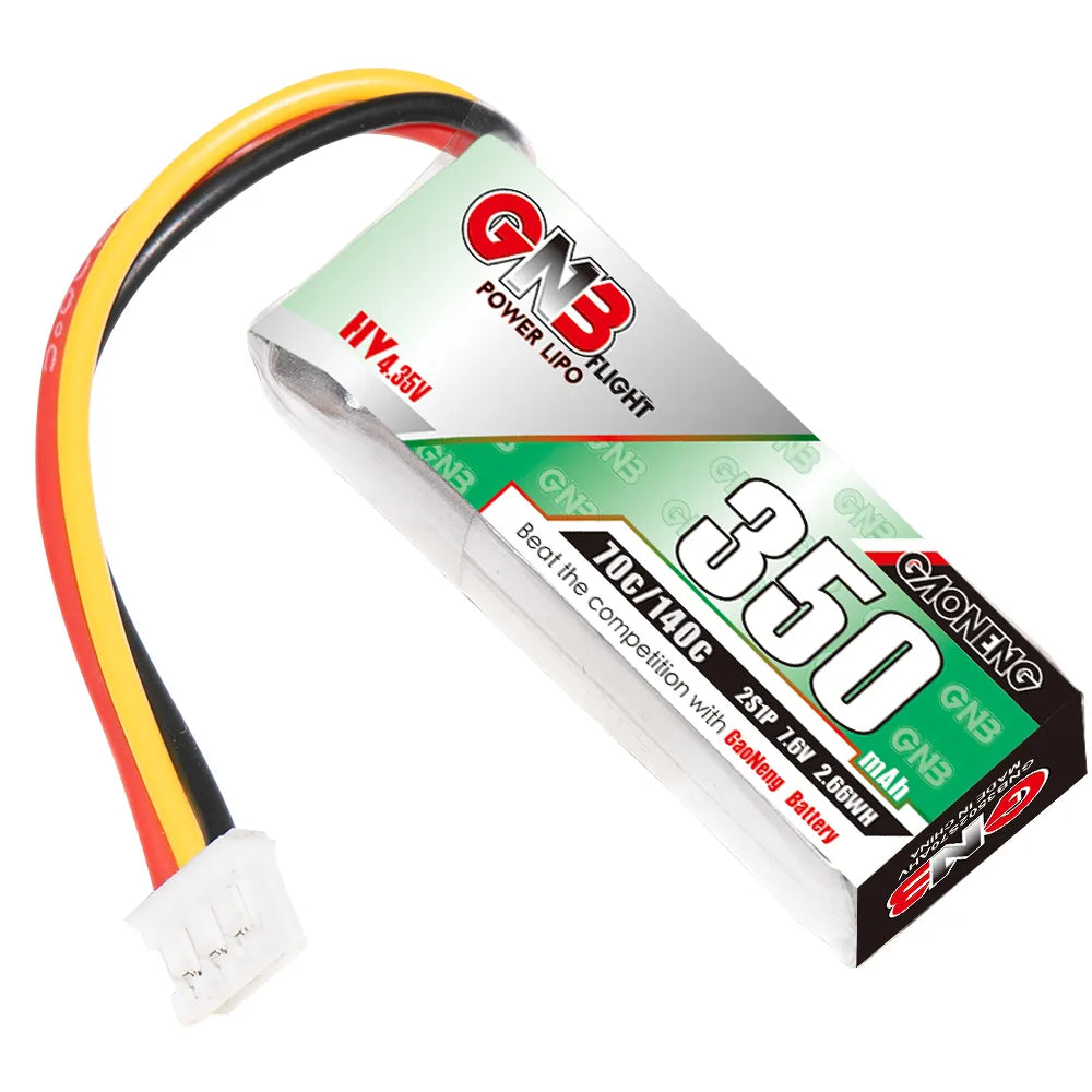 GNB 350mAh LiHV 2S 70C RC car LiPo battery with black and red packaging, compact and lightweight for high-performance RC vehicles.