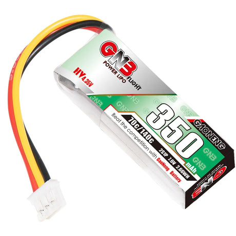GNB 350mAh LiHV 2S 70C RC car LiPo battery with black and red packaging, compact and lightweight for high-performance RC vehicles.