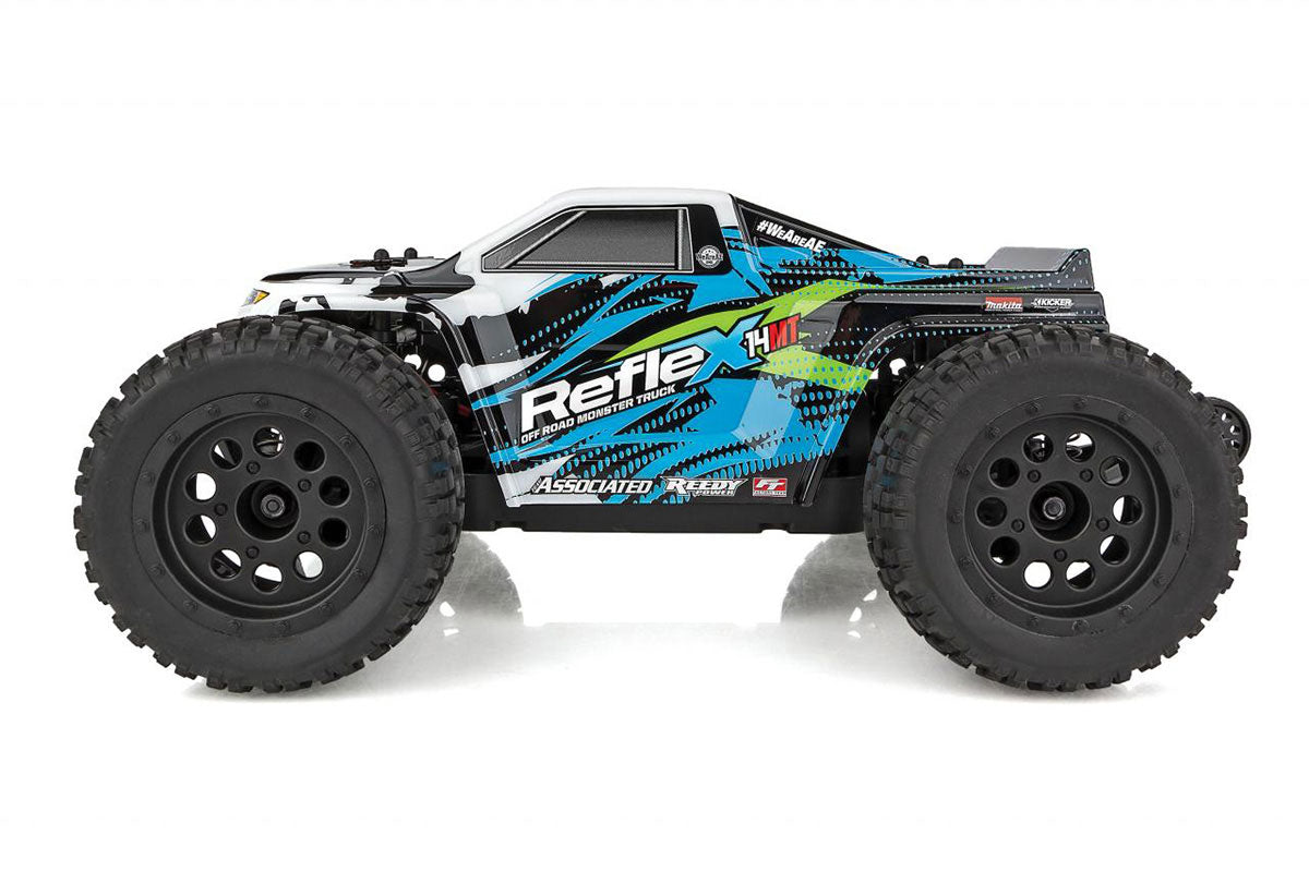 Team Associated Reflex 14MT 1/14 scale 4WD RC monster truck with rugged tires and detailed body in action.