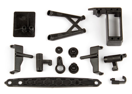 Team Associated Reflex 14 RC car steering, battery, and ESC parts set with various components on a white background.