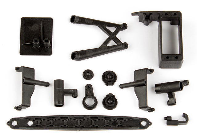 Team Associated Reflex 14 RC car steering, battery, and ESC parts set with various components on a white background.