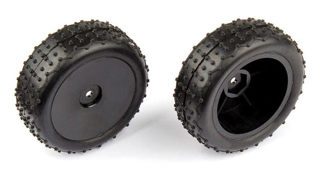 Team Associated Reflex 14 RC car rear wide mini pin tires in black, showing textured rubber treads for improved traction.