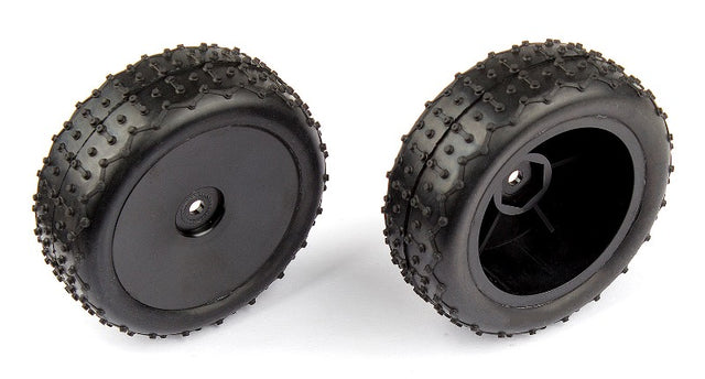 Team Associated Reflex 14 RC car rear wide mini pin tires in black, showing textured rubber treads for improved traction.