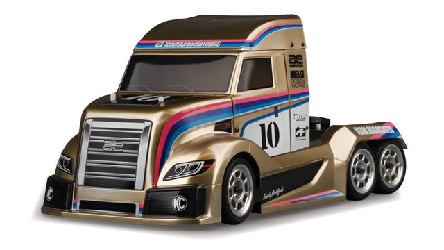 RC10 6x6 American Custom Semitruck metallic kit by Team Associated, showing detailed miniature semi-truck model with metallic finish.