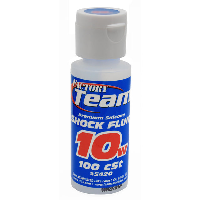 RC car silicone shock oil bottle from Team Associated, 2oz, with black cap and clear label, used for RC car suspension tuning.
