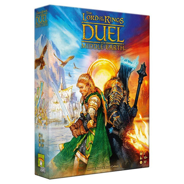 Front view of The Lord of the Rings: Duel for Middle-Earth board game by Asmodee showing game components and artwork.