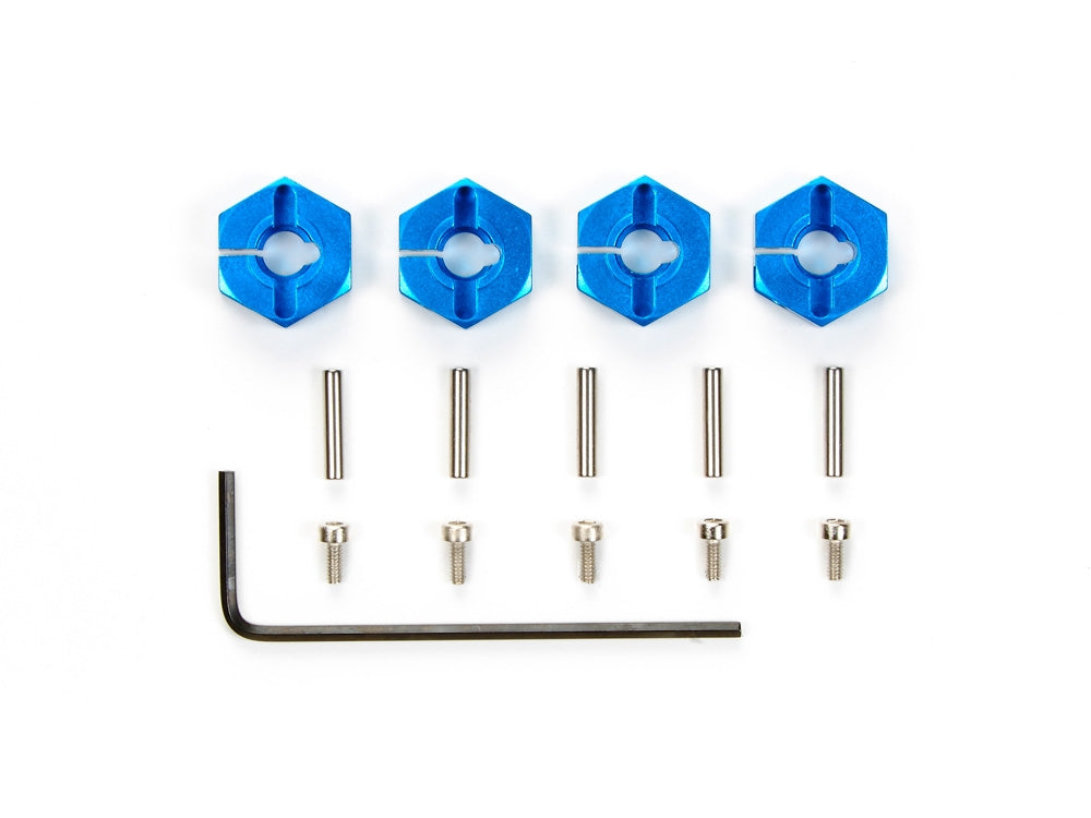 Set of four Tamiya 4mm aluminum wheel hubs, lightweight and durable for RC car wheels, shown in a close-up image.