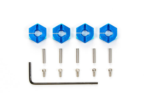 Set of four Tamiya 4mm aluminum wheel hubs, lightweight and durable for RC car wheels, shown in a close-up image.