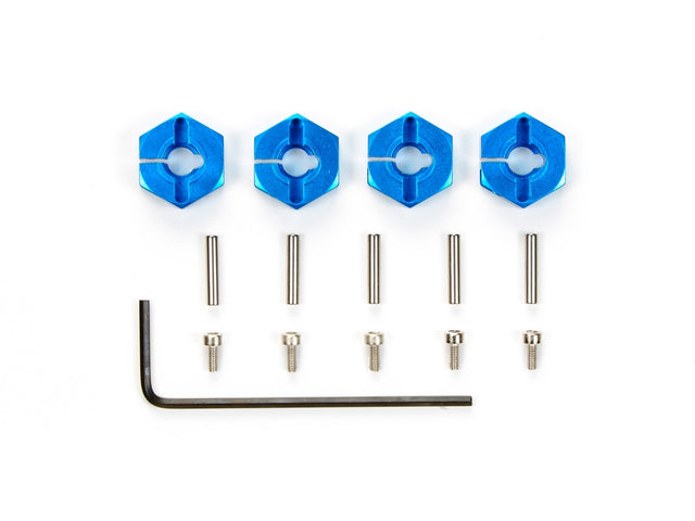 Set of four Tamiya 4mm aluminum wheel hubs, lightweight and durable for RC car wheels, shown in a close-up image.