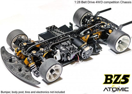 Atomic RC Z5 Belt Drive 4WD chassis kit with detailed parts and sleek design for remote control car assembly.