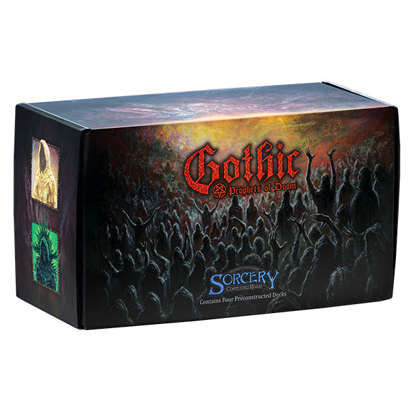Close-up of Sorcery Gothic Precon Box of collectible trading cards featuring dark, mystical artwork and intricate card designs.