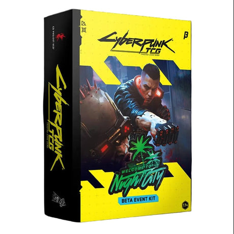A Cyberpunk Lingo 'Welcome to the Metropolis' Beta Event Kit box, featuring a bright yellow and black design with stylized text and artwork of a cyberpunk character.