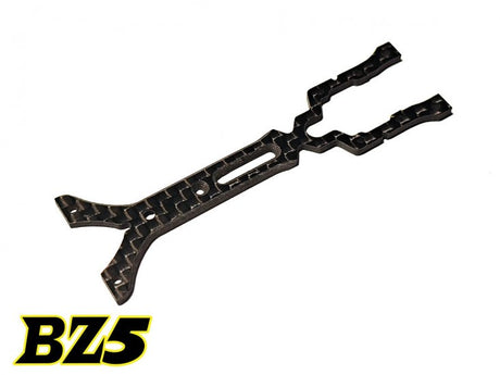 Atomic RC BZ5 Top Deck for RC cars, showcasing a sleek black and silver component with precise cutouts and mounting points.