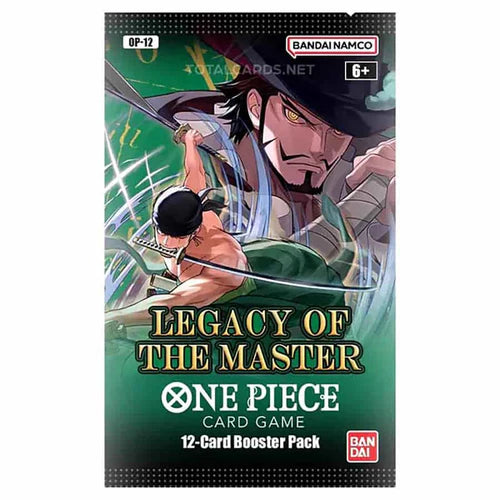 Bandai One Piece TCG Legacy of The Master Booster Pack OP-12 with colorful cards fanned out on a white background.