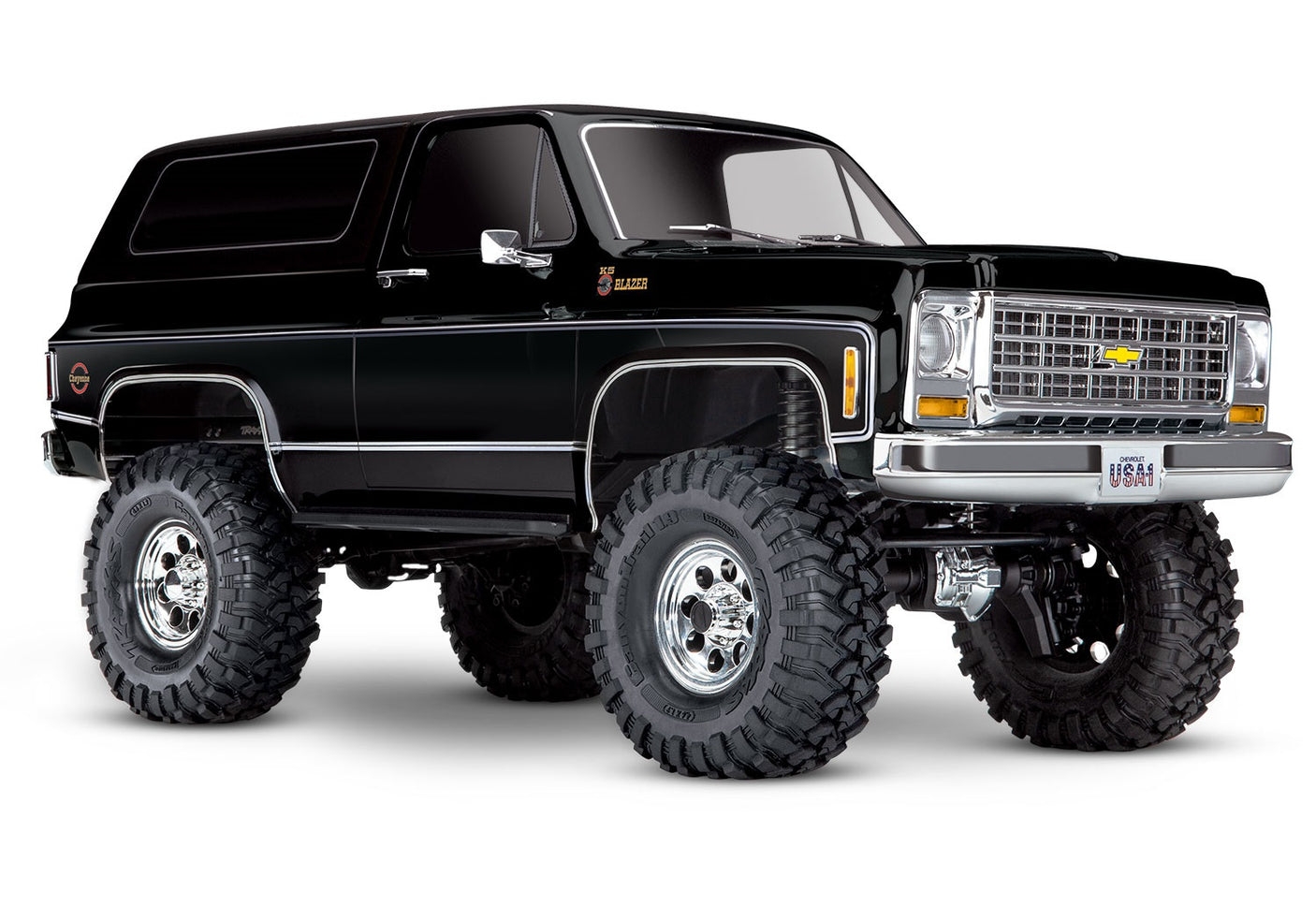 Black Traxxas TRX-4 1979 Chevrolet Blazer RC model shown from a three-quarter side view.