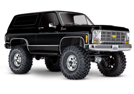 Black Traxxas TRX-4 1979 Chevrolet Blazer RC model shown from a three-quarter side view.