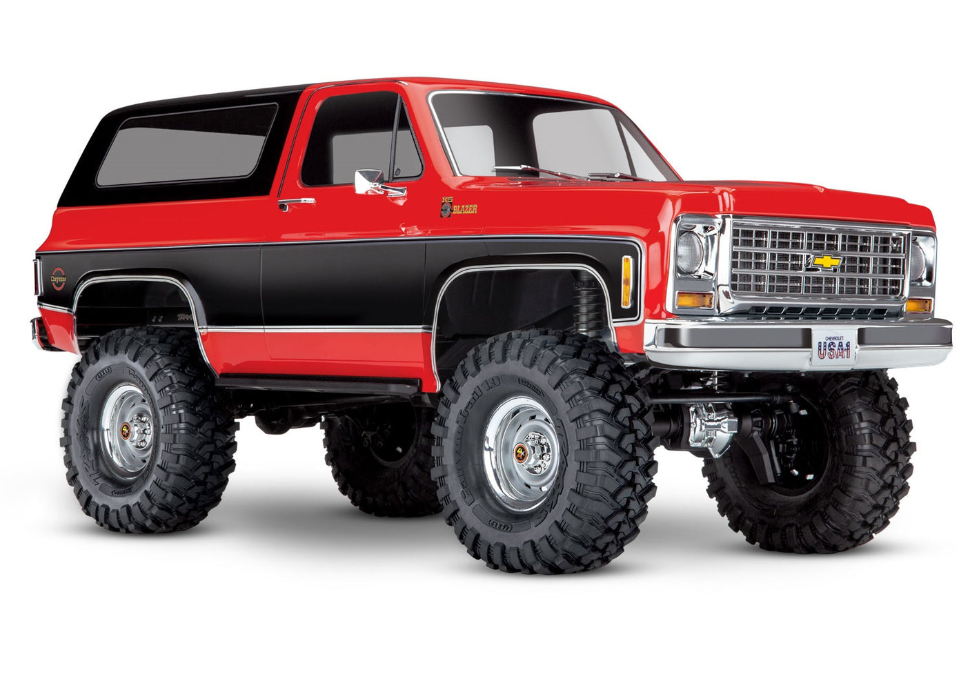 Red Traxxas TRX-4 1979 Chevrolet Blazer radio-controlled scale truck viewed from a three-quarter angle.
