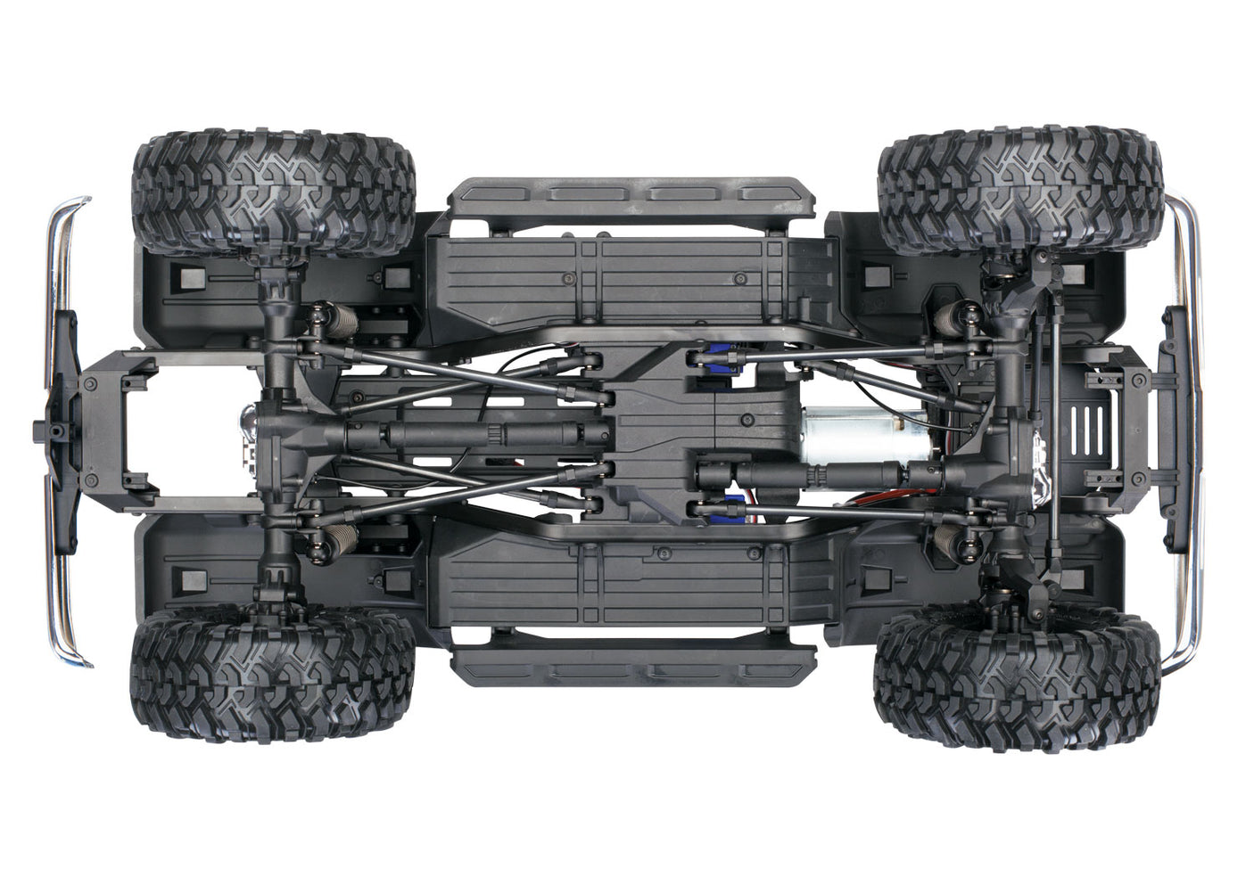 Traxxas TRX-4 1979 Chevrolet Blazer remote control model showing chassis bottom with detailed undercarriage and suspension components.