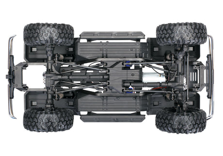 Traxxas TRX-4 1979 Chevrolet Blazer remote control model showing chassis bottom with detailed undercarriage and suspension components.
