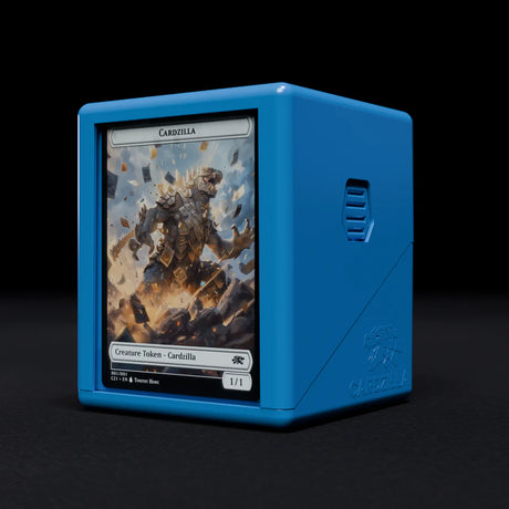 Blue Cardzilla Showcase deck box for card supplies, with a sleek design and secure lid, ideal for organizing trading cards.