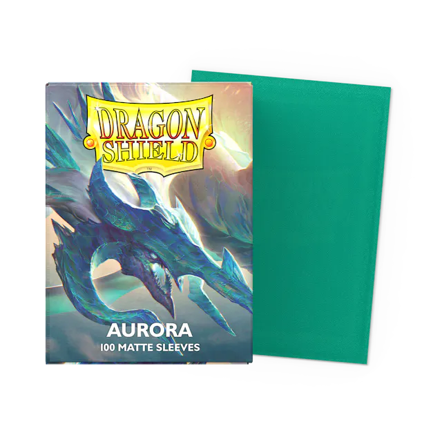Dragon Shield Matte Aurora Players' Choice 2023 Standard card sleeves in a box, with vibrant, reflective design for trading card protection.