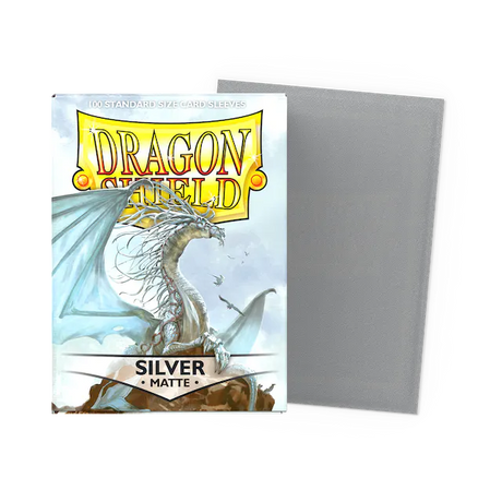 Dragon Shield Matte Silver Standard Sleeves in box, showing flat card sleeves designed for protection and smooth shuffling.
