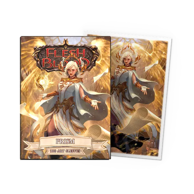 Dragon Shield Matte Flesh and Blood Prism Art Standard Card Sleeves in a box with colorful artwork and protective design.