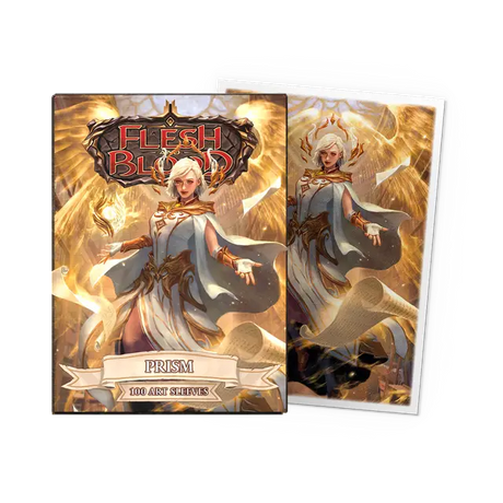 Dragon Shield Matte Flesh and Blood Prism Art Standard Card Sleeves in a box with colorful artwork and protective design.