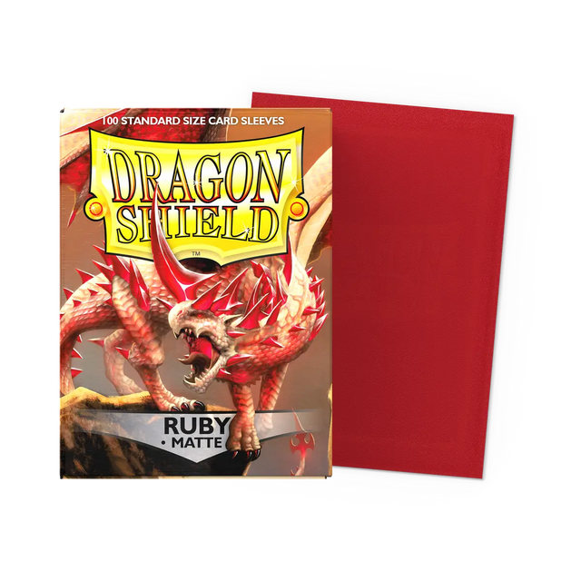 Dragon Shield Matte Ruby Standard Sleeves for cards, shown in a flat view with vibrant red, durable card game protective sleeves.
