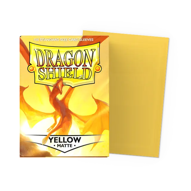 Dragon Shield Matte Yellow Standard Sleeves box showing a flat, unopened set of protective card sleeves for trading cards.