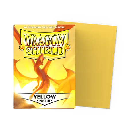 Dragon Shield Matte Yellow Standard Sleeves box showing a flat, unopened set of protective card sleeves for trading cards.