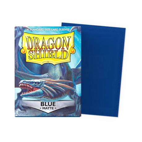 Dragon Shield matte blue standard card sleeves in a box, designed for protecting trading cards in collectible card games.