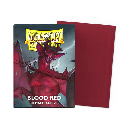 Dragon Shield matte blood red standard sleeves for trading cards, shown in a flat box with a smooth finish.