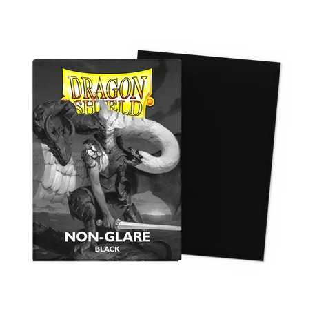Dragon Shield non-glare matte black standard card sleeves in a box, designed for protective card storage and gameplay.