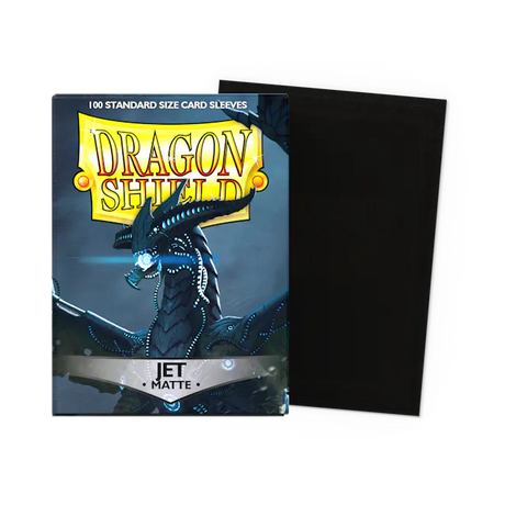 Dragon Shield Matte Jet Standard Sleeves in a box, showing a flat, sealed set of card sleeves for protective card gaming.