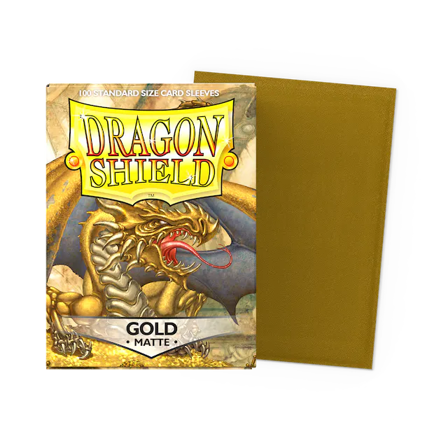 Dragon Shield Matte Gold Standard card sleeves in a flat box, designed for collectible card game protection and shuffling ease.