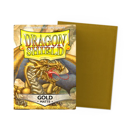 Dragon Shield Matte Gold Standard card sleeves in a flat box, designed for collectible card game protection and shuffling ease.
