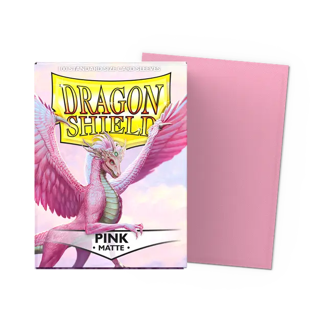 Dragon Shield matte pink standard card sleeves in a box, designed for protecting and shuffling trading cards.