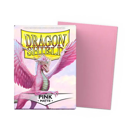 Dragon Shield matte pink standard card sleeves in a box, designed for protecting and shuffling trading cards.