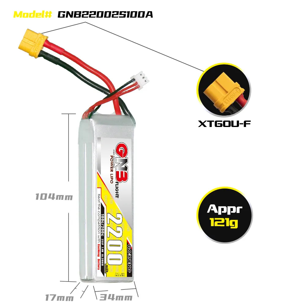 GNB 2200mAh 7.4V 2S 100C RC Car LiPo Battery with XT60 connector, shown in black with label and wiring.