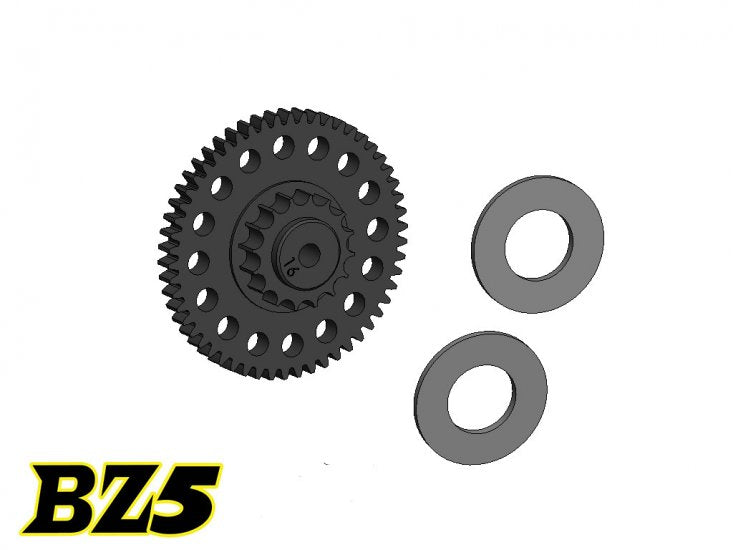 Atomic RC BZ5 53T spur gear made of POM for RC cars, shown in close-up with gear teeth visible on a neutral background.