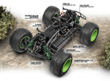 HPI Racing Savage XS Flux VGJR RTR 4WD Monster Truck with detailed callout showing its compact off-road design and rugged features.